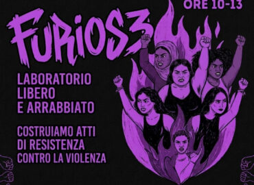locandina del laboratorio furios3 della casa delle donne di parma che si terrà sabato 12 settembre dalle 10 alle 13 con immagine di donne arrabbiate in una fiamma viola su sfondo nero